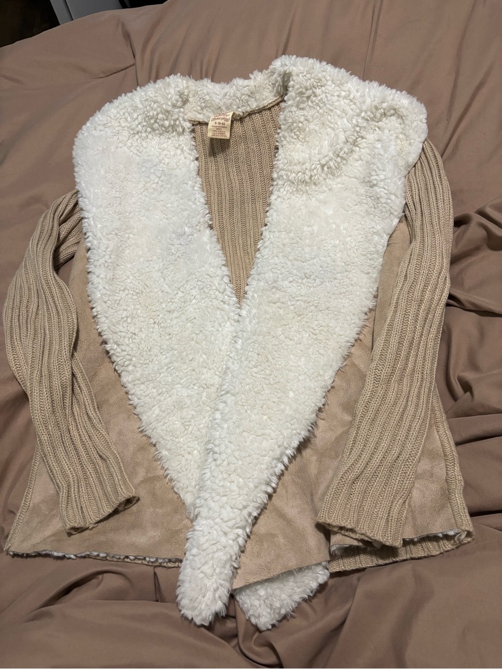 Faded Glory Cream Sherpa-Trim Tan Knit Jacket